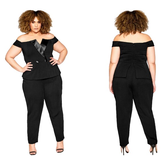 City Chic Womens Sexy Tux Jumpsuit Size L/20 Black Wedding Party Career Sleek - Picture 1 of 12